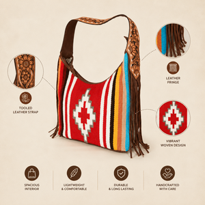 Bolso de Hombro Bohemio Occidental con Flecos Tejidos, Ribete de Cuero Hecho a Mano, Estilo Tribal del Suroeste, Bolso Tote para Mujer, Uso Diario, Viajes, Moda - Product Image 3