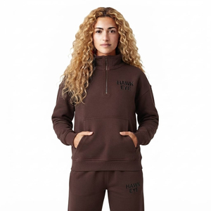Sudadera de algodón con capucha y media cremallera para mujer, con logo personalizado, cuello alto, hombros caídos, color liso, de peso pesado - Product Image 1