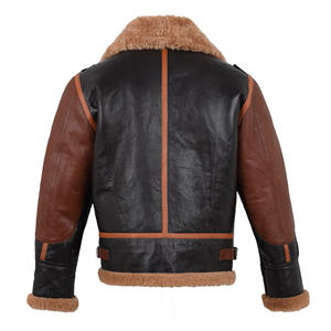 Chaqueta de Cuero Tricolor para Hombre, con Cuello de Piel Marrón, Abrigo de Invierno B3, Piel de Oveja Genuina, Forro Polar Cálido, Estilo Motero - Product Image 4