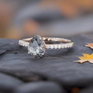 Pear Shaped Black Rutilated Quartz Engagement <b>Ring</b> Rose <b>Silver</b> Vintage Engagement <b>Ring</b> Half Eternity Diamond <b>Ring</b> Anniversary - Product Image 4