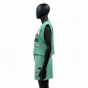 ชุดเสื้อยืดแขนกุดและกางเกงขาสั้นผ้าฝ้าย 100% สำหรับผู้หญิง เนื้อผ้าคอตตอนริชเจอร์ซีย์ พิมพ์ลายโลโก้ตามสั่ง ชุดเสื้อยืดแขนกุดและกางเกงขาสั้นสำหรับผู้หญิง - Product Image 3