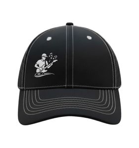 Gorra de béisbol negra con costuras blancas y logotipo personalizado en el panel derecho, ajuste regulable, unisex, uso casual, hecha en Indonesia. - Product Image 1