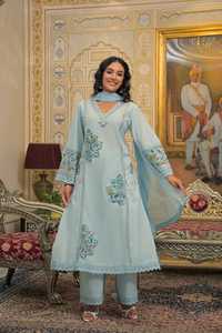 Ensemble Kurti et pantalon pour femme en coton bleu clair avec broderie numérique, séchage rapide, coupe classique, longueur genou, tenue décontractée, Inde - Product Image 5