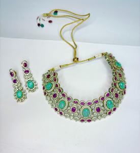 Mint Green & <b>Ruby</b> Pink Doublet Stone Choker <b>Necklace</b> Set Designer CZ Statement Jewelry Traditional Indian Bridal Jewelry - Product Image 3