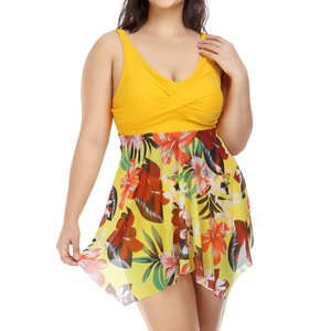 Women <b>Plus</b> <b>Size</b> Yellow Floral <b>Tankini</b> Swimwear Set With Skirt Bottom And Crossed Halter Top - Product Image 4