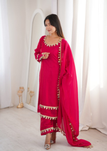Exclusive Fendy Silk <b>Kurti</b> Set With Real Mirror Lace Work Designer Palazzo Dupatta Ethnic Wear Collection Fully Stitched Women - Product Image 3