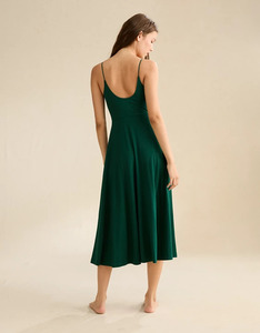 Robe de soirée vert foncé en coton pour femme, coupe droite, taille naturelle, dos nu, style Empire, éco-responsable - Product Image 3