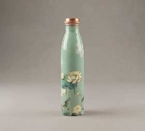 Oriental Floral Design Metal Water <b>Bottle</b> with Copper Lid Portable Travel Drinkware - Product Image 1
