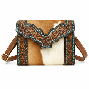 Hand Tooled Hair On Leather Mini Crossbody Bag Western Cowhide Sling <b>Purse</b> | Handmade Boho Style OEM Export India 2026 For Women - Product Image 1