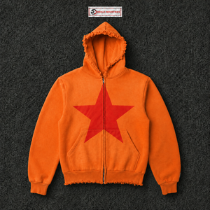 Sweat à capuche zippé oversize orange avec imprimé étoile rouge, bords déchirés, style streetwear unisexe, coupe ample, fermeture éclair intégrale - Product Image 5