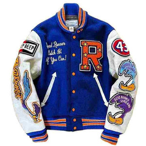 Road Runner Varsity Jacket Men's Blue White Sleeve Embroidered Letter R Character Design Preppy Style Autumn Wear - Product Image 1