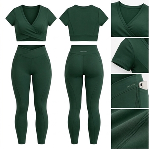 Womens Dark Green Wrap Front Yoga Set Short Sleeve Crop Top High Waist Pocket <b>Leggings</b> Gym Fitness Workout <b>Activewear</b> - Product Image 3