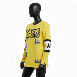 Camiseta de manga larga para mujer, algodón jersey GSM, amarilla con panel en contraste, estampado gráfico, logotipo personalizado, ropa urbana, camiseta de manga larga de algodón - Product Image 4