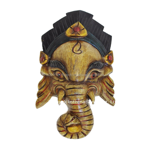 Masque de Ganesha en bois sculpté à la main, décoration murale d'art populaire, objet de collection, fait main au Népal - Product Image 4