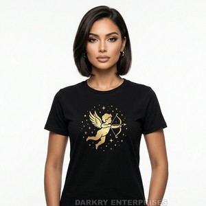 T-shirt personnalisé pour femme avec impression dorée, en coton noir de luxe, vente en gros, fabricant OEM, hauts de boutique pour femmes, motif Cupidon - Product Image 1
