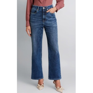 Precio al por mayor: Jeans rectos ajustados transpirables de talla grande para mujer, lavados, con logo personalizado, de cintura alta, de BD. - Product Image 5