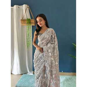 Diseñador Evening Party Wear Saree con Secuencia de bordado de trabajo - Product Image 4