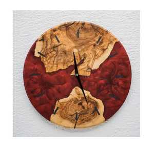 Reloj de Pared de Lujo de Madera de Burl Roja Intensa con Resina Epoxi, Reloj Colgante Redondo Silencioso de Madera de Olivo con Borde Natural para Arte de Pared de Sala de Estar - Product Image 1