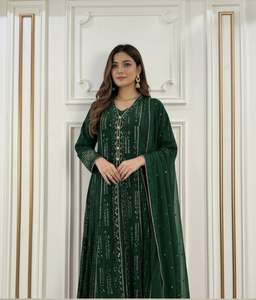 Maxi vestido de chifón listo para usar, estilo abierto por delante, chifón puro, Chicken Kaari con lentejuelas y encaje Dori indio. - Product Image 3