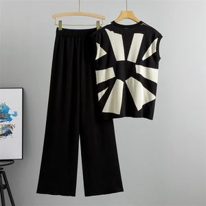 Ensemble deux pièces formel en maille pour femme, haut sans manches à col rond et pantalon large respirant à blocs de couleur - Product Image 2
