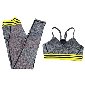 <b>Women's</b> Gray Yoga Set With Yellow Stripe Contrast Binding High Waist Full Length <b>Leggings</b> And Racerback Sports Bra 2 Piece Set - Product Image 1