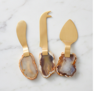 Ensemble de 3 couteaux à fromage, lames en acier inoxydable doré, manches en pierre, outils à fromage, spatule pour usage en cuisine - Product Image 1