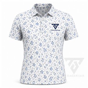 เสื้อโปโลพิมพ์ลายดอกไม้สีขาวน้ำเงินสำหรับผู้ชาย แบรนด์ Trackstar แขนสั้น คอปกติดกระดุม สไตล์ลำลอง เหมาะสำหรับตีกอล์ฟ รับสกรีนโลโก้ - Product Image 1