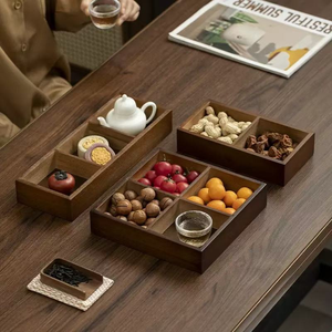 Plateau de service en bois avec poignée, ensemble de 7 plateaux rectangulaires modernes en bois massif empilables pour la vaisselle et l'utilisation dans le salon - Product Image 2