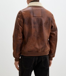 <b>Men's</b> Genuine <b>Leather</b> Bomber <b>Jacket</b> With Faux Fur Lining Windproof Winter Casual Thick Zipper Closure Regular Fit - Product Image 5