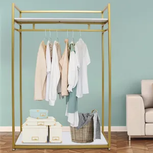 Minimalist Metal Clothing Organizer Rack 100x60cm Single Tier White Shelf Gold <b>Frame</b> Standing Type for Wardrobe Space Saving - Product Image 1