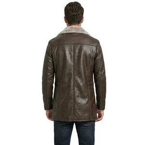 Abrigo de Invierno para Hombre, de Cuero Genuino, Forrado con Piel Sintética, Impermeable, Estilo Bomber, Cuello Redondo, Cortavientos, Grueso, Corte Regular, Largo - Product Image 3