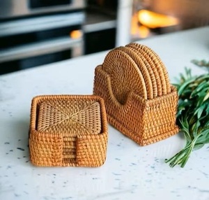 Top Selling Handwoven Eco-Friendly Rattan Coasters Set Storage Box Square Shape Wabi-Sabi Style <b>Table</b> Mats Pads Kitchen - Product Image 3