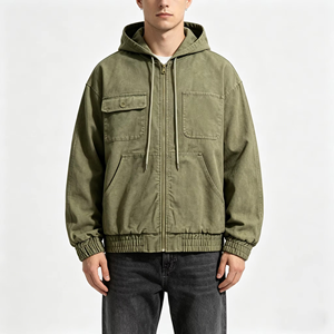 Chaqueta con Capucha y Cierre para Hombre, Color Verde Oliva, Corte Holgado, Diseño Casual con Bolsillos, Estilo Otoñal - Product Image 1