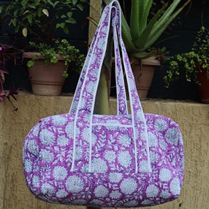 Purple Floral Print Quilted <b>Duffel</b> <b>Bag</b> With White Trim And Long Handles Large Capacity Weekender Travel <b>Bag</b> - Product Image 4