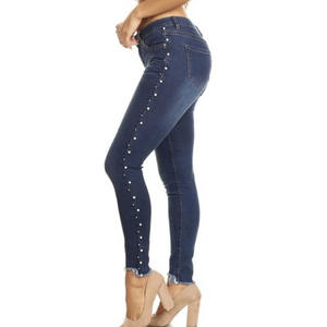 Jeans Ajustados de Alta Elasticidad para Mujer, Lavado Oscuro, con Cuentas de Perlas Laterales, Dobladillo Desgastado a la Moda, Jeans de Primera Calidad para Mujer - Product Image 6