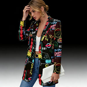 Vente flash sur Temu : Blazer pour femme à imprimé néon graffiti, manches longues, coupe ample, veste décontractée, style streetwear urbain, idéal pour les soirées - Product Image 2