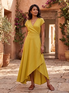 Robe midi asymétrique à col en V et manches courtes, coupe trapèze, en viscose tissée et rayonne, taille naturelle, style bohème, pour l'été et les vacances, tenue décontractée - Product Image 4