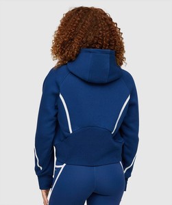 Blue Hooded <b>Quarter</b> <b>Zip</b> Crop Sweatshirt <b>White</b> Piping Regular Fit Unisex Autumn Wear Knitted 100% Cotton Fleece Lined Pocket - Product Image 3
