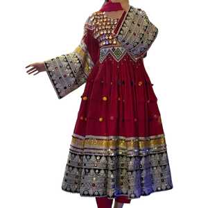 Últimos diseños de vestidos de boda casuales afganos Kuchi para mujer, con bordados elaborados, vestido afgano hasta la rodilla, transpirable para mujer. - Product Image 1