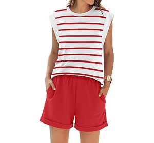 Conjuntos de 2 piezas de algodón satinado 100% para mujer, informales, de verano, con encaje, botones en el tobillo, cuello redondo, manga corta, atléticos para exteriores, venta al por mayor - Product Image 4