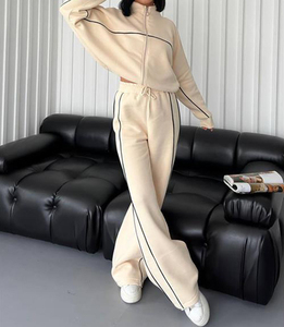 Winter <b>Zip</b> <b>up</b> Tracksuit Contrast Piping Front Logo Two Piece Athletic Set High Waist Flare Leg Joggers Stylish Women Sportswear - Product Image 6