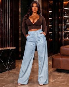 Pantalon large en daim respirant à taille mi-haute pour femme, style occidental, en cuir crocheté, de luxe, pour l'hiver - Product Image 3