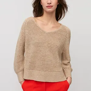 HDPA23005 V-Neck Loose Form Slits On The Sides Beige Decorative Weave Sweater With Linen
