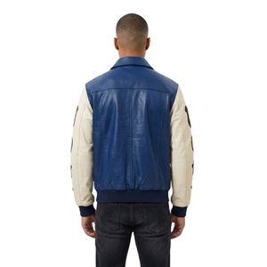 Chaqueta de béisbol de cuero azul tostado con parches, solapa de botones de cuero resistente, cuello de punta de forro polar, mangas de cuero, chaquetas cómodas - Product Image 2