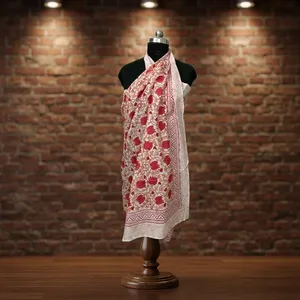 <b>Red</b> and White Hand Block Printed Cotton Fabric with Floral Vine Border for <b>Saree</b> Dressmaking Crafts and Home Decor Projects - Product Image 2