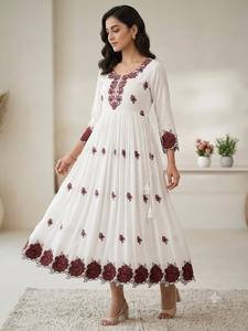 Women's White Cotton Embroidered Kurta With <b>Maroon</b> Floral Design Loose Fit Midi Traditional Indian & Pakistani Style <b>Dress</b> - Product Image 2