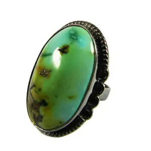 西藏绿松石925纯银黑色钌表圈镶嵌调节环
