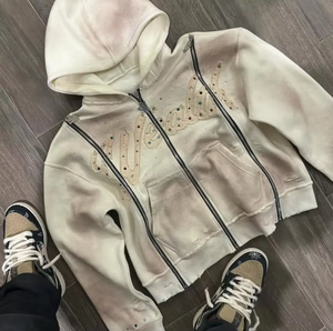 Sweat à capuche streetwear pour homme de haute qualité, personnalisé, délavé, effet soleil, avec fermeture éclair, broderie 3D en strass, coupe oversize, 100% coton, automne - Product Image 6
