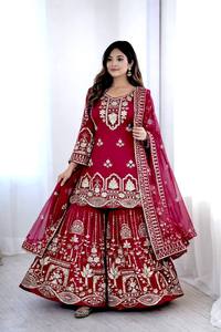 <b>Red</b> Embroidered Traditional Indian Pakistani <b>Lehenga</b> Suit With Dupatta Wedding Outfit Women's Regular Fit Floor-Length - Product Image 4