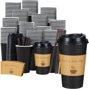 Confezione da 50 Bicchieri di Carta Neri da 16 oz per Caffè da Asporto con Coperchi e Bastoncini Mescolatori, Ideali per Casa o Viaggi - Product Image 1